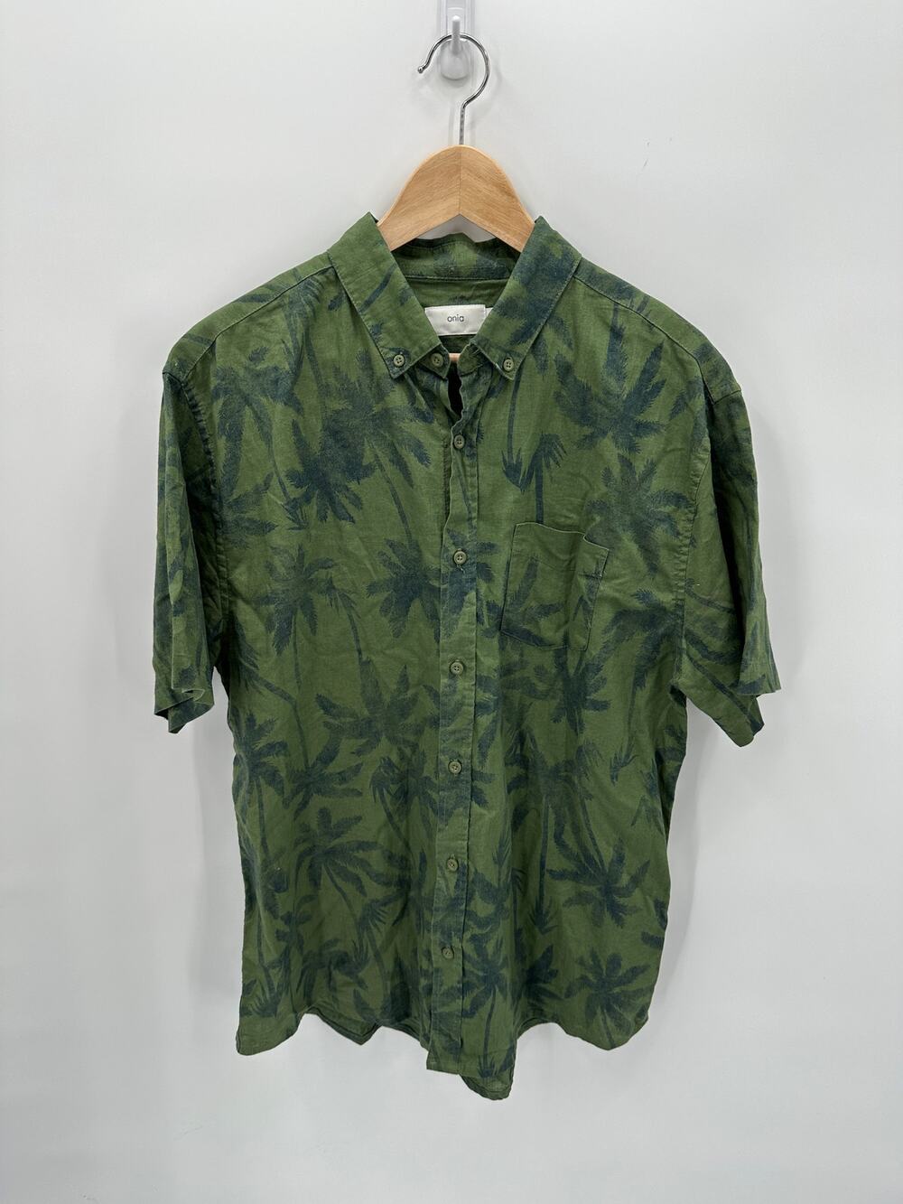 ONIA Men's Linen Cotton Green Palm Print Button Down Shirt // L